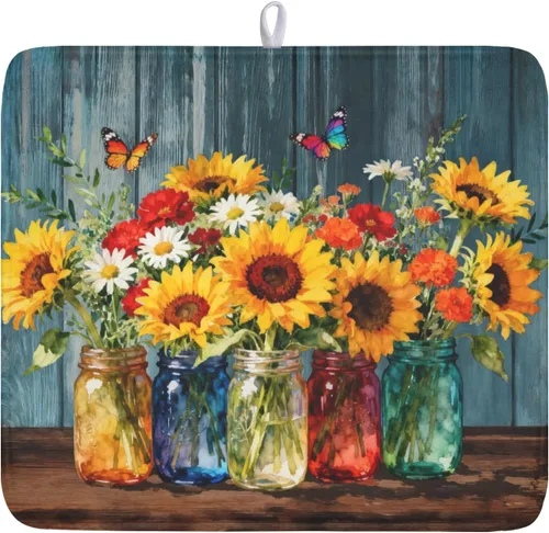 Miniatura 19 de Tapete de Secado de Platos de Sandía de Verano de Microfibra, Tapetes Escurridores de Platos de Cuadros de Búfalo de Limón Amarillo 16x18 Pulgadas