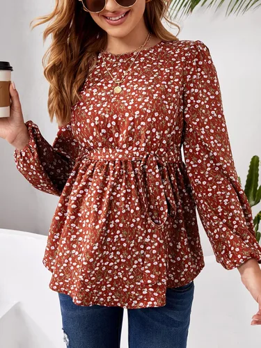 Miniatura 4 de MakeMeChic Camisa de maternidad para mujer, diseño floral, manga larga, con cinturón, peplum