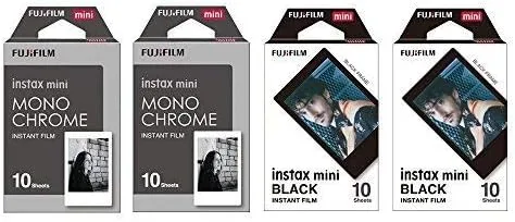 Fujifilm Instax Mini - Juego de 4 paquetes de película instantánea, monocromo (10 x 2) + marco negro (10 x 2) 90 8 70 7s 50s 25 300 cámara SP-1
