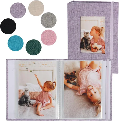 Miniatura 11 de Álbumes de fotos pequeños para fotos de 4 x 6, paquete de 2 libros de memoria con cubierta de lino con ventana de exhibición, cada uno con capacidad