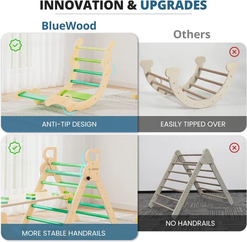 Miniatura 5 de BlueWood Conjunto de Triángulo Pikler, Juguetes de Escalada de Madera para Niños Pequeños para Interiores 7 en 1 Escalador Plegable para Niños