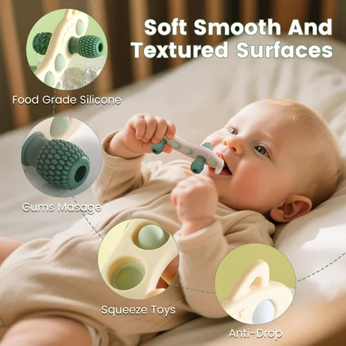 Miniatura 3 de Juguetes de dentición para bebés, mordedor de silicona para bebé, sin BPA, juguete sensorial masticable (verde)