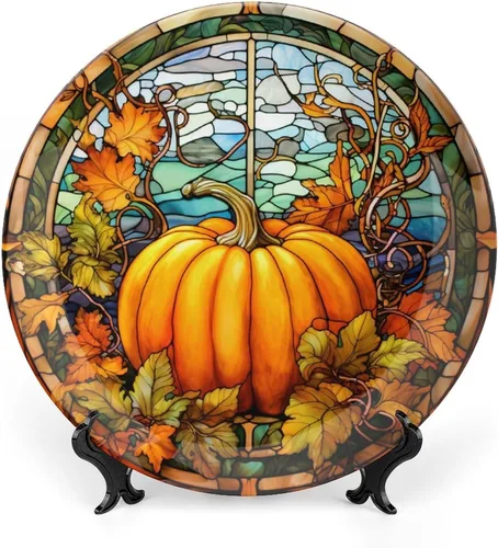 Platos decorativos de calabaza de otoño con diseño de vitrales, platos de cerámica para decoración del hogar, exhibición de platos llanos para sala