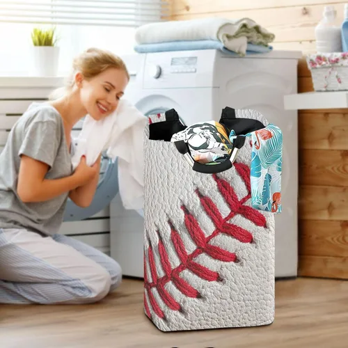 Miniatura 6 de Cesta de ropa sucia para ropa sucia, cesta de almacenamiento de béisbol, color blanco, bolsa de lavandería plegable con asa, cesta de manta