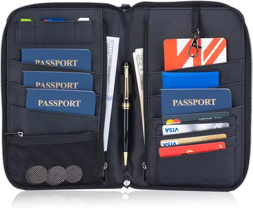 Miniatura 7 de Alameda - Cartera para pasaporte de viaje Organizador de tarjetas de fibra de carbono para documentos con correa de muñeca desmontable, cartera