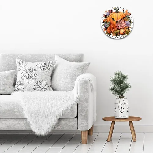 Miniatura 3 de Reloj de pared de madera Country Autumn Harvest Acuarela Calabaza Flores Redondo Reloj Decorativo de Calidad Cuarzo Sin Ticking Otoño Acción