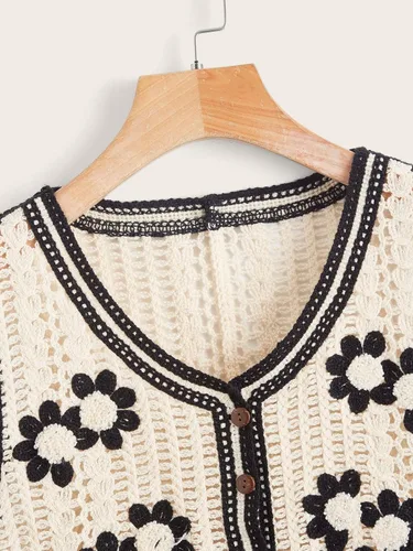Miniatura 3 de Verdusa Chaleco de punto a cuadros sin mangas con cuello en V y botones para mujer