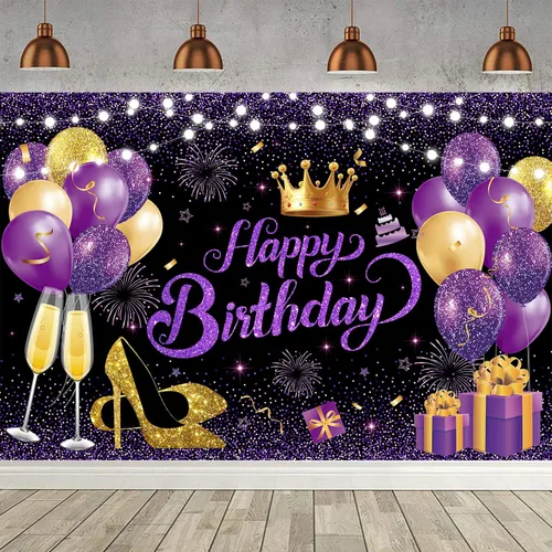 180x120 cm Púrpura Oro Negro Purpurina Telón de Fondo de Cumpleaños Feliz para Foto de Fiesta, Telón de Fondo de 71x47 Pulgadas Púrpura Oro para