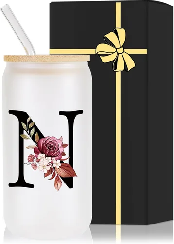 Miniatura 14 de Vaso de vidrio con monograma con tapa de bambú, popote personalizado, vaso de café helado de 16 onzas, tarro transparente de masón, cerveza, agua