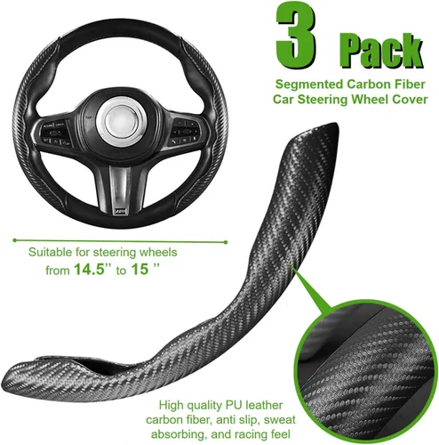 Miniatura 2 de Paquete de 3 Cubiertas Protectoras Antideslizantes Segmentadas de Fibra de Carbono para Volante de Automóvil Universales para la Mayoría de Volantes