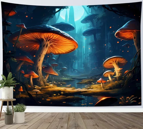 Miniatura 3 de WEENEO Tapiz de pared de bosque de hongos, acuarela, abstracto, hippie, hongos, plantas, tapices de pared, tapiz botánico natural, tapiz para colgar