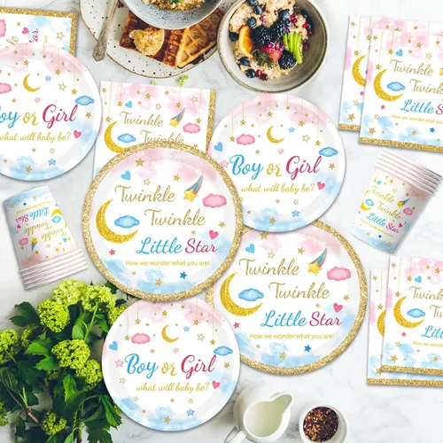 Miniatura 3 de Juego de 96 piezas de vajilla Twinkle Twinkle Little Star para revelación de género, platos de baby shower, servilletas, tenedores, vajilla
