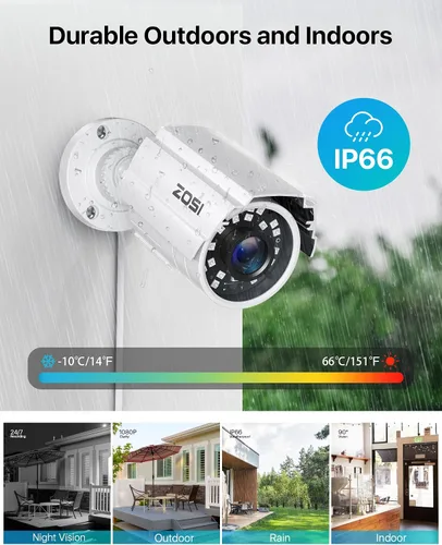 Miniatura 2 de ZOSI Cámara de seguridad para interiores y exteriores HD 1920TVL de 2 MP 1080p (híbrido 4 en 1 HD-CVI/TVI/AHD/960H CVBS analógico), 24 LED, visión