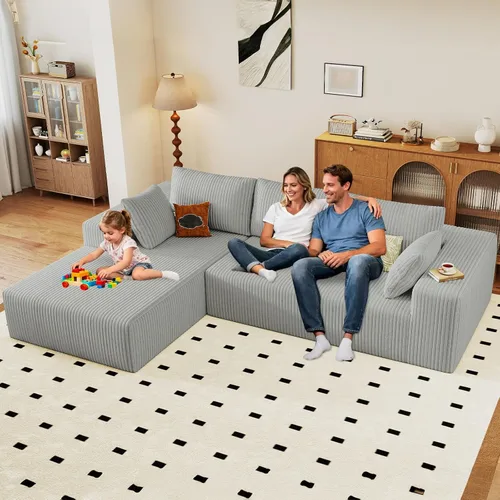 Miniatura 58 de Sofá seccional modular de 96", sofá en forma de L tipo nube sin estructura con chaise lounge, tapizado de pana con asiento profundo de espuma Negro
