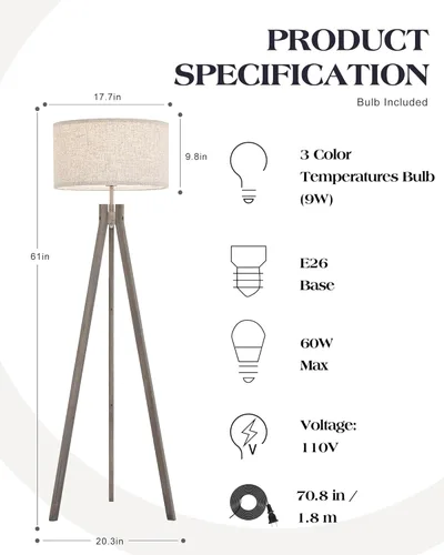 Miniatura 6 de ELYONA Lámpara de pie de trípode de madera estilo granja, lámpara de pie moderna de lectura con bombilla LED de 3 temperaturas de color y pantalla