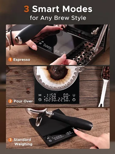 Miniatura 6 de Báscula de café con sincronización automática, báscula de espresso recargable con temporizador, relaciones y pantalla de caudal, 3 modos, grado