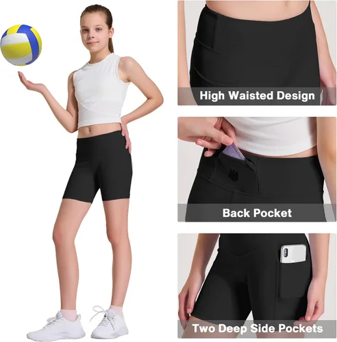 Miniatura 4 de FitsT4 - Pantalones cortos de voleibol para niñas de 4 pulgadas, 3 bolsillos, atléticos, gimnasia, baile, yoga, correr, gimnasio, fútbol, bicicleta