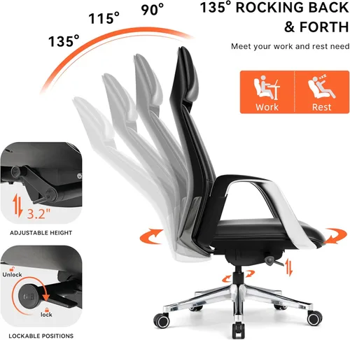 Miniatura 8 de EUREKA ERGONOMIC Serene - Silla de oficina ejecutiva, de piel de napa de alta calidad, con respaldo alto, con base de aluminio, silla ergonómica