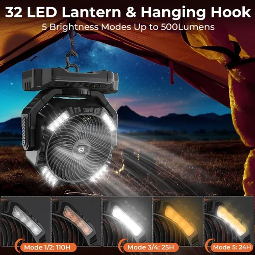 Miniatura 5 de 68HRS - Ventilador de campamento para correr con luz, batería recargable de 20000 mAh, potentes 4 velocidades y oscilación automática, temporizador