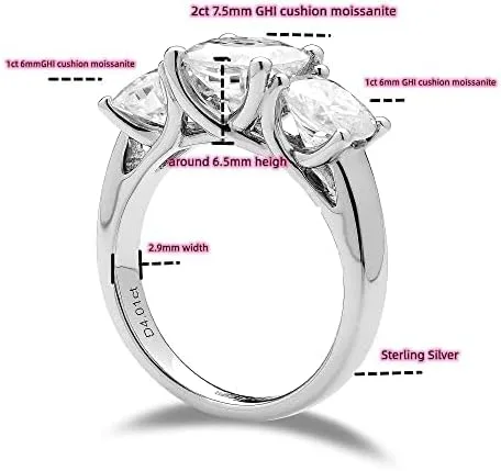 Miniatura 2 de DovEggs Anillo de compromiso de moissanita de plata de ley de 4 quilates, 0.236in, 0.295in, corte cojín, 3 piedras, anillo de compromiso