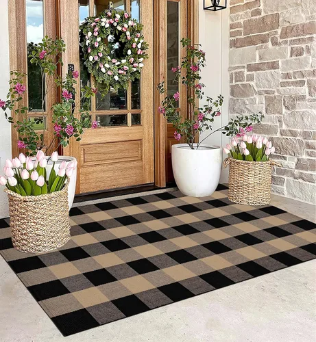 Miniatura 24 de Felpudo en capas blanco y negro de 24"x35" a cuadros búfalo de algodón lavable a máquina para porche delantero, cocina, casa de campo, entrada, baño