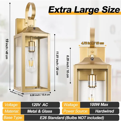 Miniatura 4 de Lámpara de pared grande de 19 pulgadas para exteriores del anochecer al amanecer, luz de porche dorada, linterna de pared para exteriores, lámpara