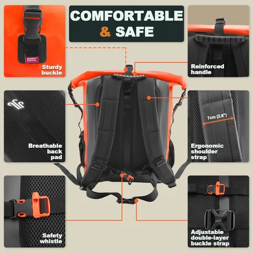 Miniatura 4 de OSAH DRYPAK Mochila Impermeable Bolsa Seca – Mochila de Senderismo con Tapa Enrollable para Viajes, Canotaje, Paseos en Bote, Camping y Pesca