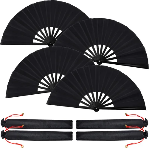 Miniatura 16 de Blulu 4 abanicos plegables grandes para baile de línea, botas de mano de seda grandes para hombres y mujeres (estilo clásico, negro, 11 pulgadas)