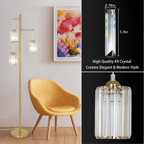 Miniatura 7 de Lámparas de pie de cristal dorado para sala de estar, 3 luces regulables, lámpara de pie moderna con pantalla de cristal, interruptor de atenuación