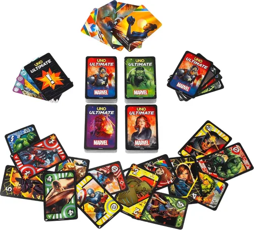 Miniatura 6 de Mattel Games UNO Ultimate Marvel Juego de cartas con 4 mazos de personajes, 4 cartas coleccionables de lámina metálica y reglas especiales, para 2-4