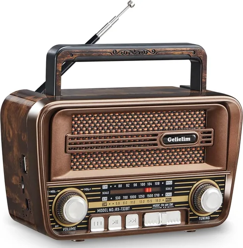 Gelielim Radio portátil AM FM, altavoz retro vintage Bluetooth 5.3, radio de onda corta compatible con tarjeta TF/USB, funciona con pilas, regalo