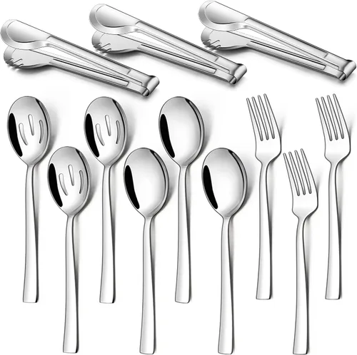 Miniatura 8 de LIANYU Juego de 8 utensilios de servir, cucharas de servir de acero inoxidable, cucharas ranuradas, tenedores, pinzas de metal para cocina, bufé