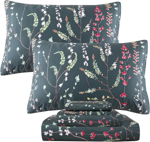 Miniatura 28 de QSH Juego de sábanas tamaño King con estampado floral - Estampado botánico de flores verdes, pájaros y mariposas, ropa de cama de algodón egipcio
