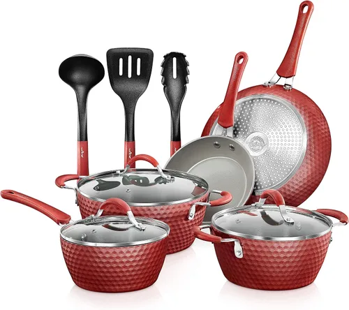 Miniatura 8 de NutriChef Juego de ollas y sartenes de 11 piezas, juego de utensilios de cocina antiadherentes con revestimiento de cerámica, asas frías al tacto