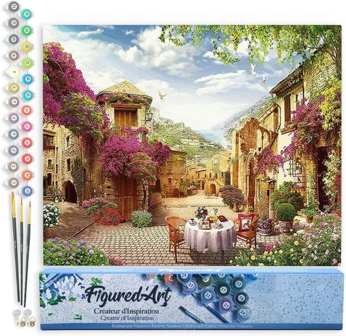 Figured'Art Pintura por números para adultos Desayuno en un pueblo mediterráneo 16"x20" - Kit de pintura de arte artesanal lienzo enrollado sin marco