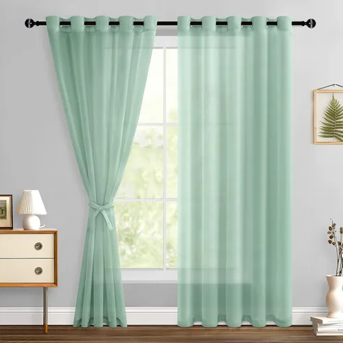 Miniatura 184 de Hiasan - Cortinas traslúcidas de gasa cortas semitransparentes con ojales y alzapaños filtrantes de luz para ventana, dormitorio, baño, 2 paneles
