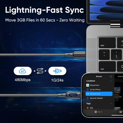 Miniatura 5 de DC03 - Cable USB C a USB C, 140 W PD de suministro de energía con pantalla LED, cable de carga rápida tipo C, cable de carga trenzado de nailon