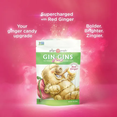 Miniatura 3 de GIN GINS Boost Red Magic Ginger Chews – Caramelo de jengibre rojo natural para apoyo digestivo, inmunidad, circulación, alivio de náuseas