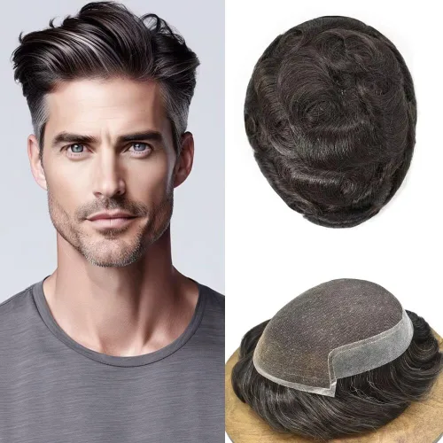 Miniatura 19 de FACE MIRACLE - Tupé frontal de encaje francés para hombres, sistema de reemplazo de cabello humano de encaje con pieza de pelo de poliuretano