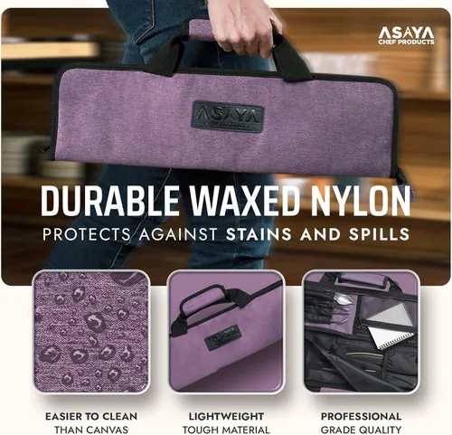 Miniatura 3 de Asaya Bolsa enrollable para cuchillos de chef, 12 bolsillos para cuchillos y utensilios de cocina, nailon ligero, duradero y resistente a las Púrpura