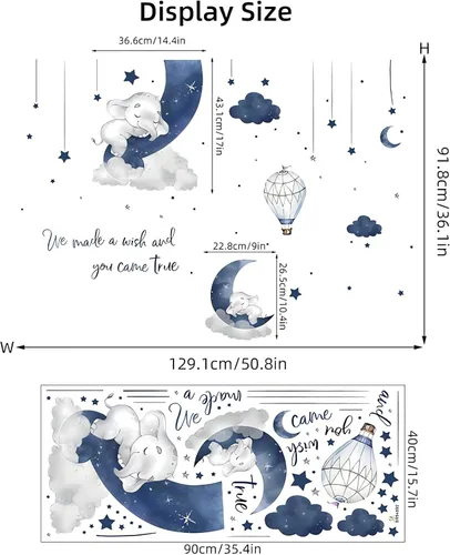 Miniatura 4 de Adhesivo de pared con elefante bebé durmiendo en azul grisáceo, sacinora - Adhesivo de pared con luna, estrella, nube y frase en inglés cálido