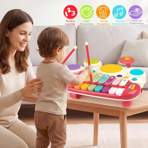 Miniatura 5 de AugToy 3 en 1 juguetes musicales para niños pequeños de 1 a 3 años, juego de piano, xilófono y tambor, juguetes para niñas de 1, 2 y 3 años de edad