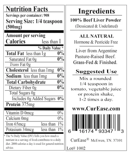Miniatura 3 de Polvo de Hígado de Res Alimentado con Pasto Argentino de CurEase Undefatado Desecado (seco) Libre de Pesticidas y Hormonas 1lb Una Libra (453gramos)