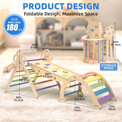 Miniatura 2 de Baby Pikler - Juego de triángulos con cojín, 9 en 1 plegable de madera para niños pequeños, juego de gimnasio Montessori Jungle para interiores