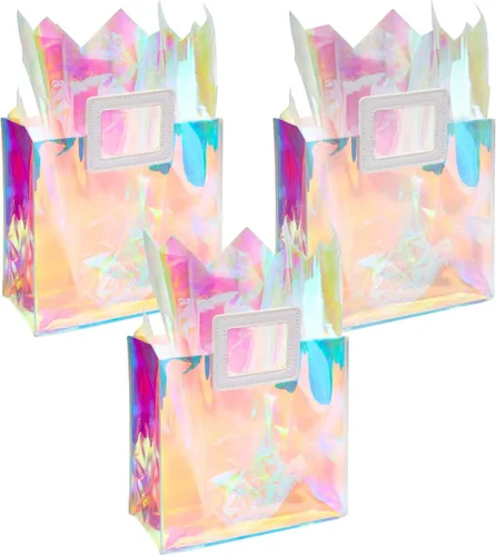 Bolsa de regalo holográfica pequeña de 8.3 pulgadas con papel de seda, reutilizable, bolsa de regalo de cumpleaños para niñas y mujeres, S -