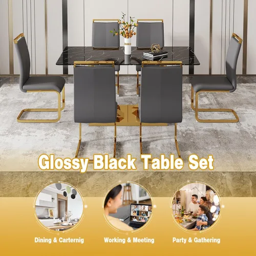 Miniatura 7 de Juego de Mesa de Comedor de Mármol Falso de 63" para 6, Juego de Mesa de Comedor Negro para 6, Juego de Mesa de Cocina Rectangular con Sillas
