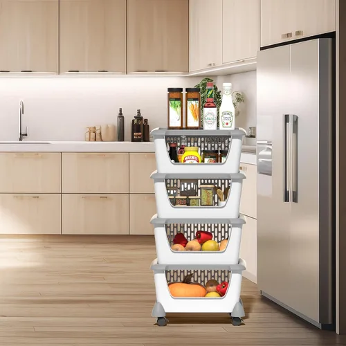Miniatura 6 de Morcte Paquete de 5 cestas de almacenamiento apilables de plástico con tapas, cesta organizadora apilable con ruedas, color gris Stacking