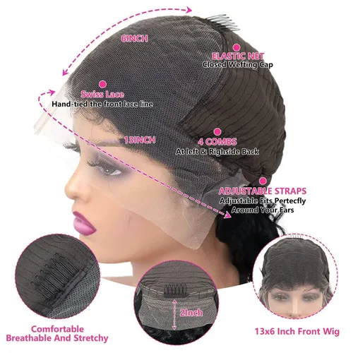 Miniatura 5 de tobasew Pelucas de cabello humano lacio con encaje frontal transparente HD de 13 x 6 pulgadas, densidad 200, pelucas de cabello humano para mujeres