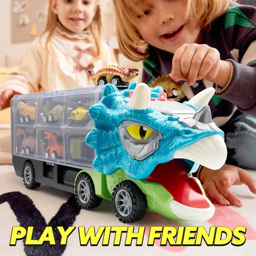 Miniatura 6 de JOYIN Juguetes de Dinosaurio 13 en 1 para Niños de 3-5, Camión de Dinosaurio Triceratops con 12 Autos de Retroceso, Juguetes de Regalos