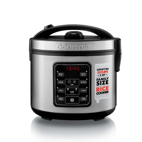 Arrocera Gourmia – Capacidad de 3 Qt, 12 tazas cocidas, 6 tazas sin cocinar, controles digitales, cocedor de granos y vaporera, cesta de vapor